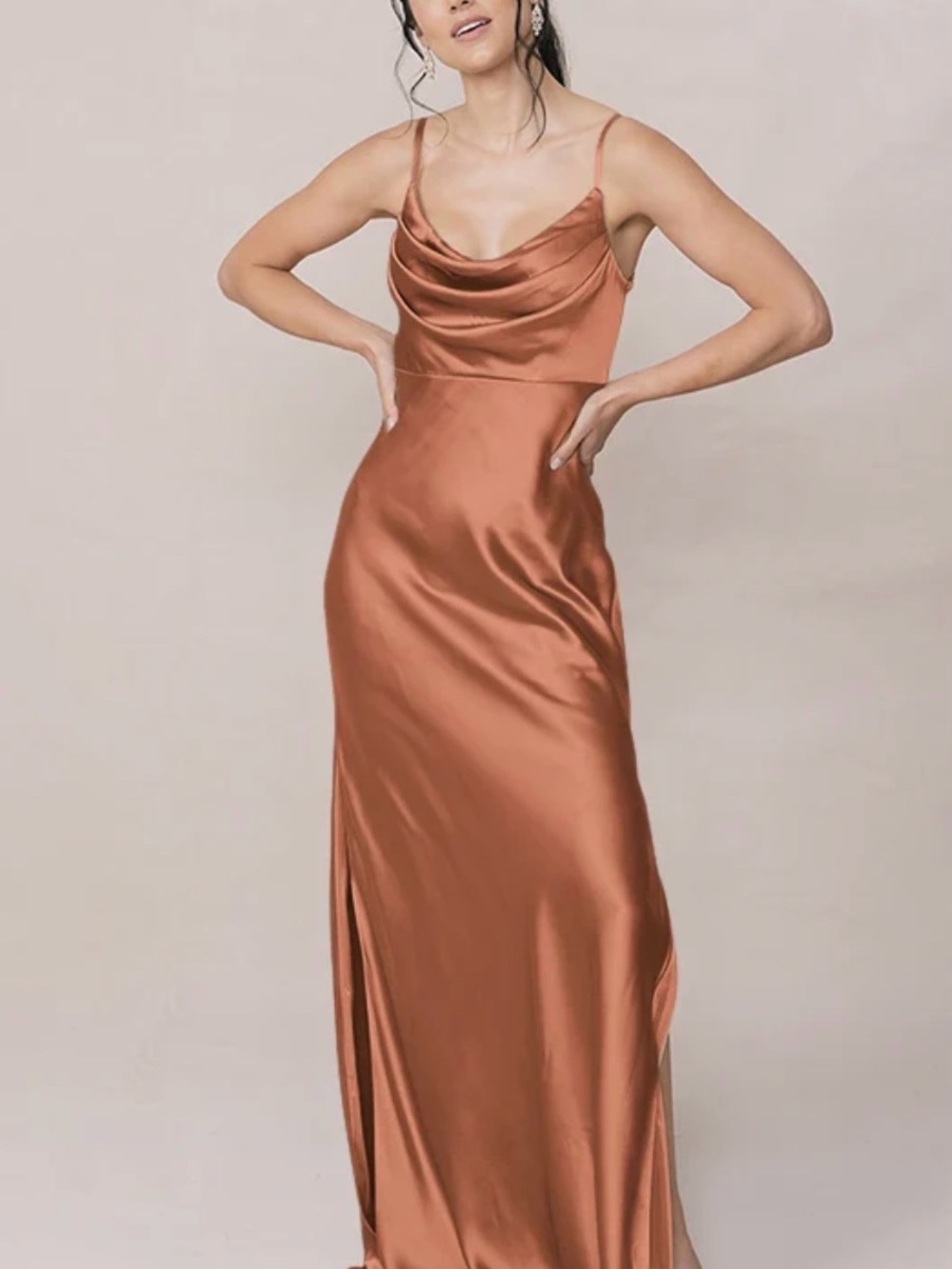 Revelry Satin Cowl Slip Maxi Dress in Copper